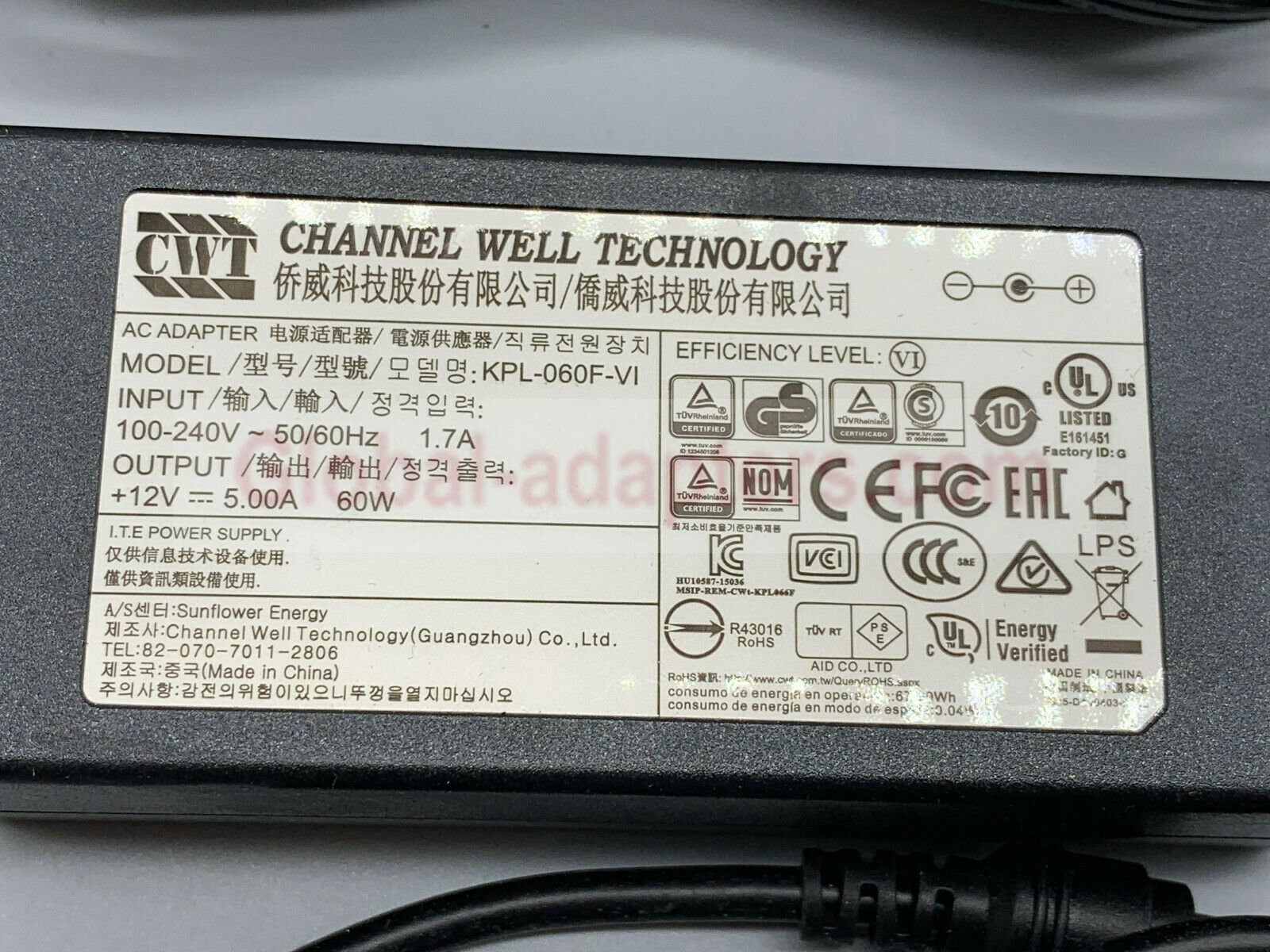 New 12V 5A CWT Channel Well Technology KPL-060F-VI Power Supply Ac Adapter - Click Image to Close